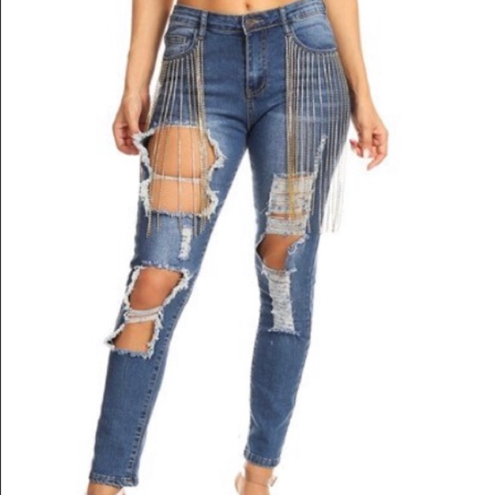 Destroyed Denim Jeans with rhinestones